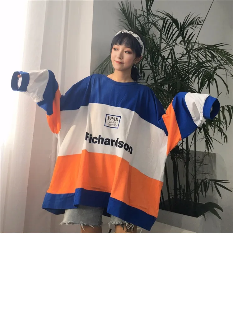 Camisetas Mujer; осенняя одежда в Корейском стиле; Ulzzang Harajuku; Лоскутная футболка с буквенным принтом и длинными рукавами для женщин; футболки для девочек