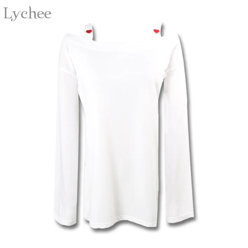 

Lychee Sweet Women T Shirt Heart Love Embroidery Slash Neck Long Sleeve Off Shoulder T Shirt Spring Autumn Tee Top