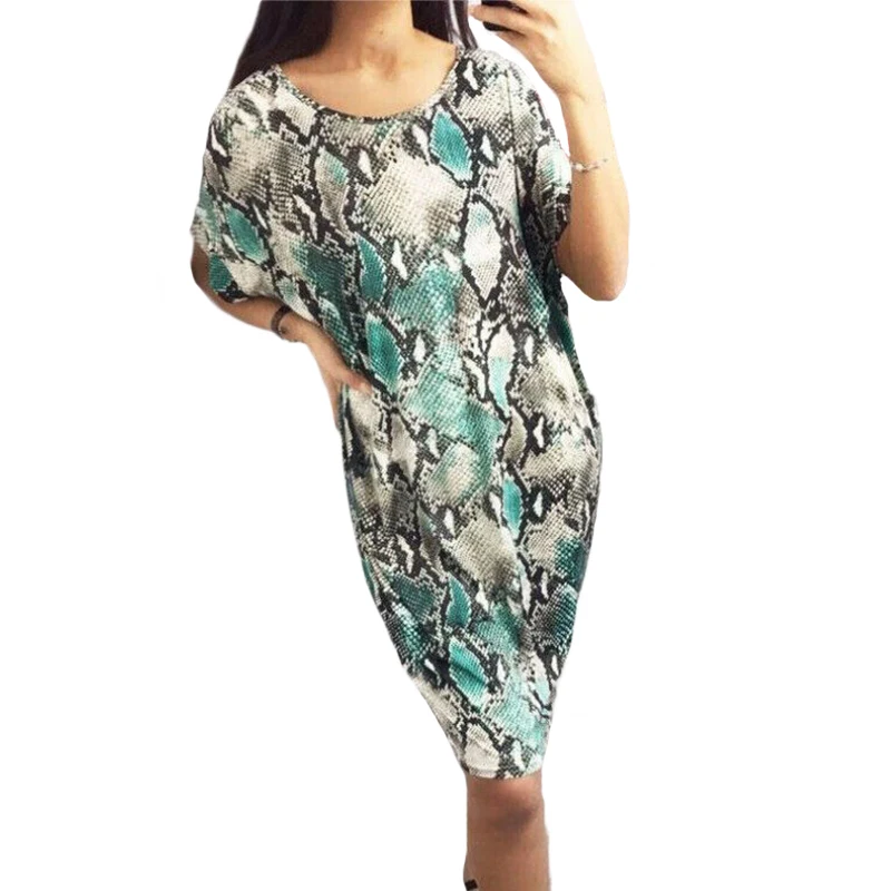 

Women Summer sexy loose dress Newest Snakeskin pattern Short sleeve Vintage sundress boho Crew collar sexy straight vestidos
