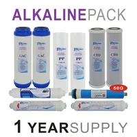 Alkaline Reverse Osmosis System Replacement Filter Sets - 10 Filters with 50 GPD RO Membrane Elements -1 Year Supply-PACK OF 10