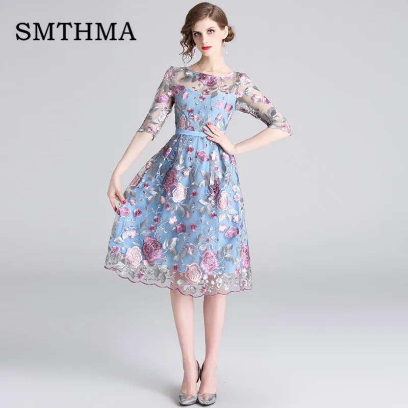 Photo Color Женское сетчатое платье SMTHMA, голубые платья с вышивкой, платье с рукавом до локтя, лето - Цвет: Photo Color