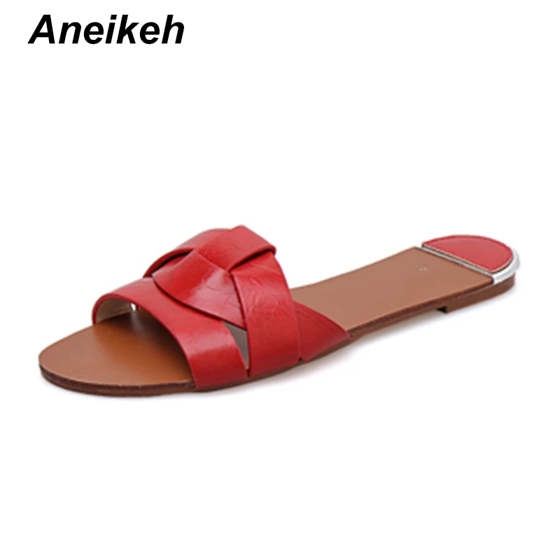 Red Aneikeh/ г. Модные женские пляжные балетки на плоской подошве для отдыха пикантные женские туфли из PU искусственной кожи с круглым носком женские шлепанцы для улицы, Размеры 35-39 - Цвет: Red