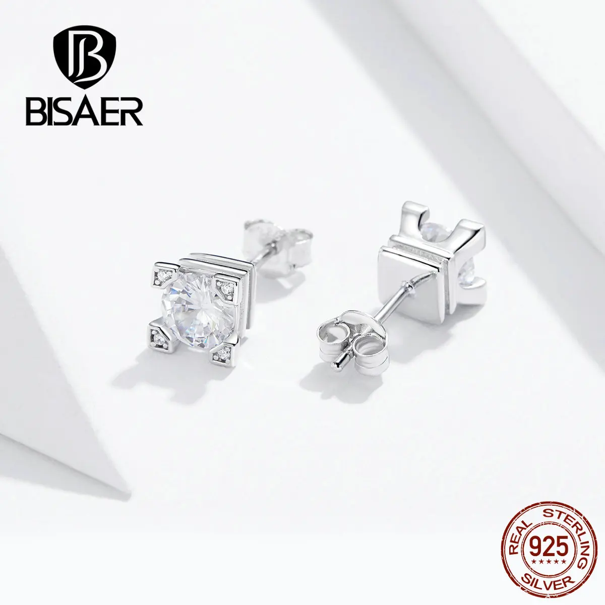 BISAER Новое поступление 925 пробы Серебряные Элегантные квадратные циркониевые серьги-гвоздики для женщин Свадебные серьги GAE192