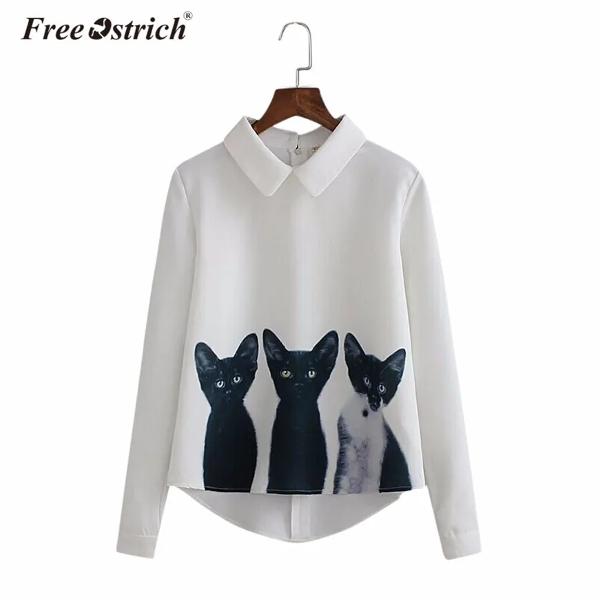 Бесплатная Страусиная модная шифоновая рубашка для женщин белая с принтом трех