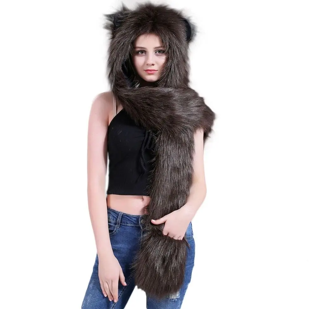 Brown bear Шапка из искусственного меха с капюшоном с изображением животных из мультфильма; шапка с шарфом; варежки; уши и лапы; 3 в 1; Теплая Шапка; костюм; реквизит; подарок - Цвет: Brown bear