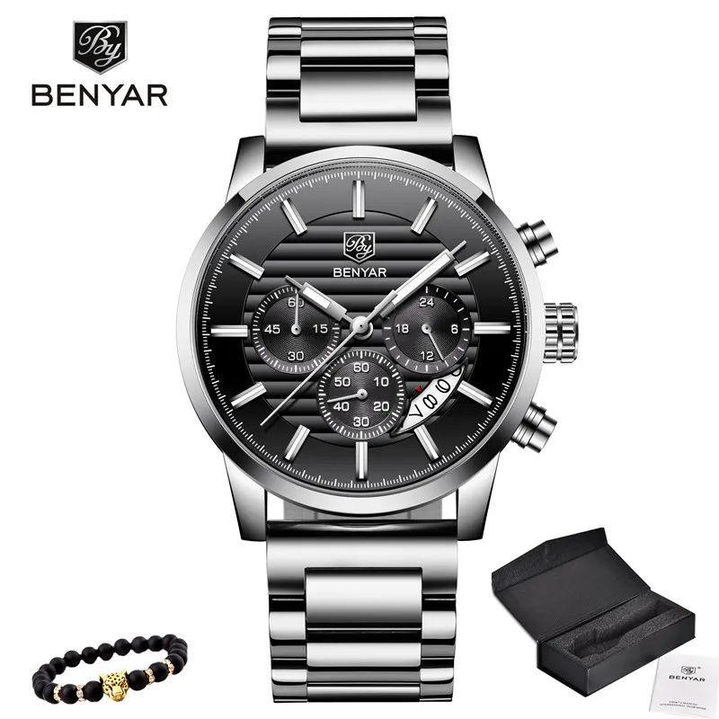 5104-Steel black BENYAR Топ бренд Роскошные мужские часы Повседневная мода Хронограф Спортивные военные кварцевые наручные часы Relogio Masculino - Цвет: 5104-Steel black