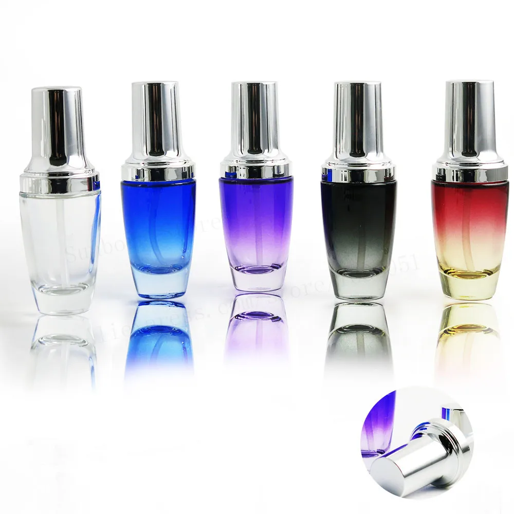 

30ml Travel Clear Black Blue Purple Red Glass Perfume Cream Lotion Pump Bottle 1oz Refillable Glass Essential Oil Bottle 12pcs