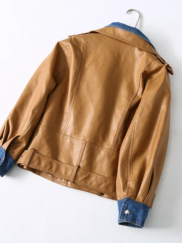 LMCAVASUN New Spring Lapel Long Sleeve Black Pu Leather Bandage Denim Stitch Loose Jacket Women Coat Fashion Tide