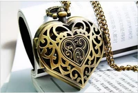 vintage bronze hollow out heart pattern quartz watches pendant necklace women pocket watch hy103