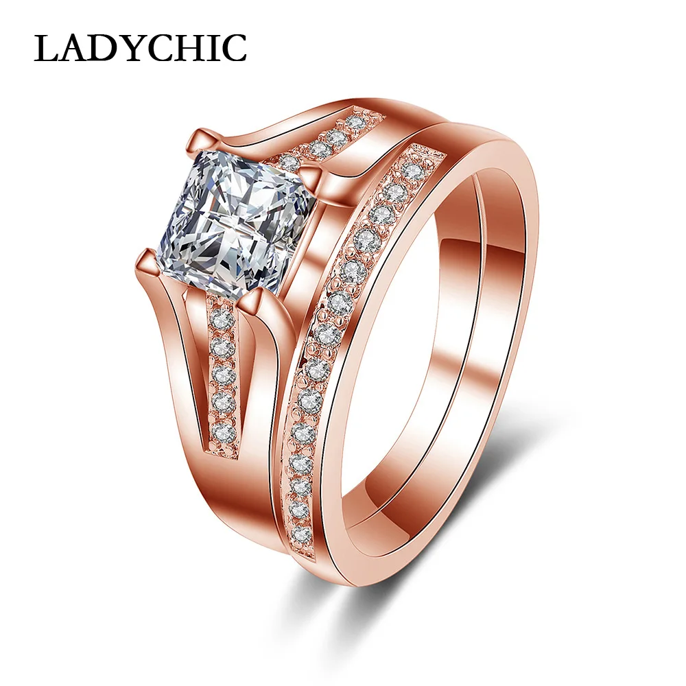 

LADYCHIC Rose / White Gold Color Double Ring Set Shiny Princess Cut Cubic Zirconia Rings for Men & Women Engagement LR1027