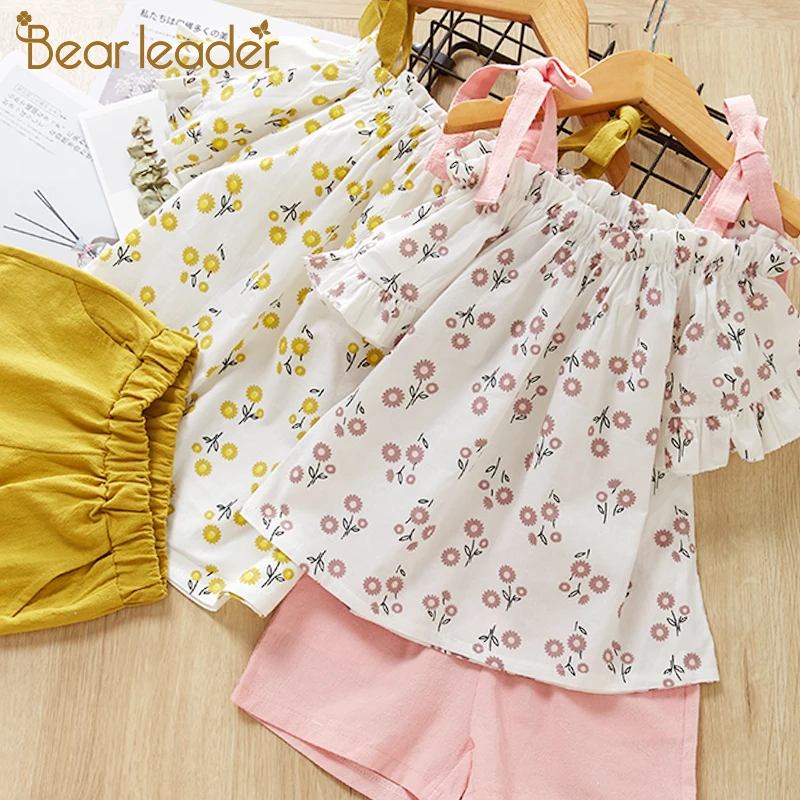 Bear Leader Girls Clothing Sets Fashion Summer Kids Flower Print Sling T-shirt+Solid Shorts 2Pcs Clothes | Детская одежда и обувь
