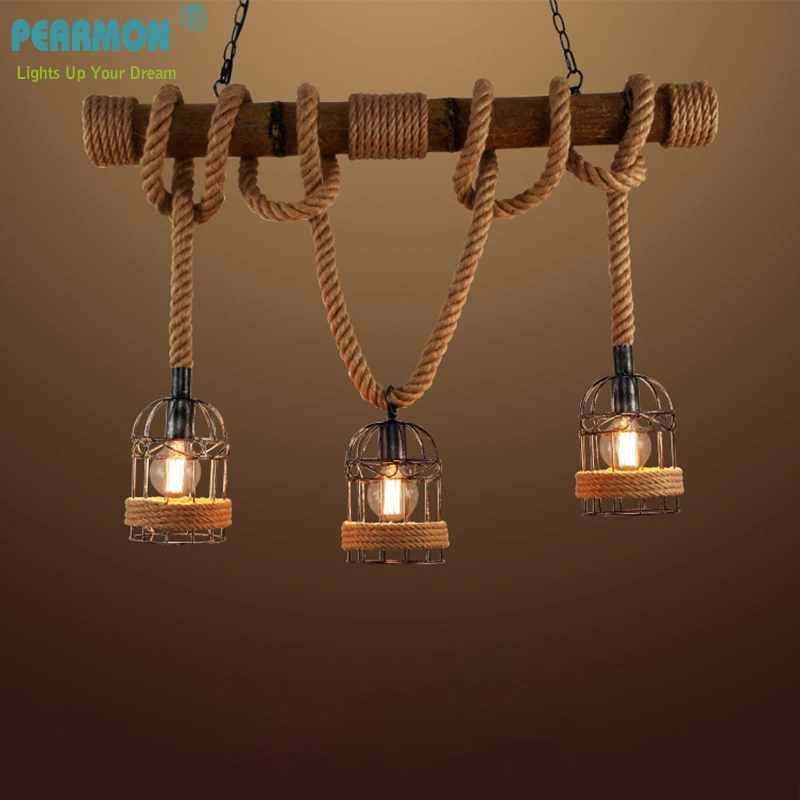 Pearmon Loft Vintage Rural Pendant Light Hemp Rope Bamboo Iron Cage Lamp Hand Knitted Lighting Fixture Restaurant Dining | Лампы и