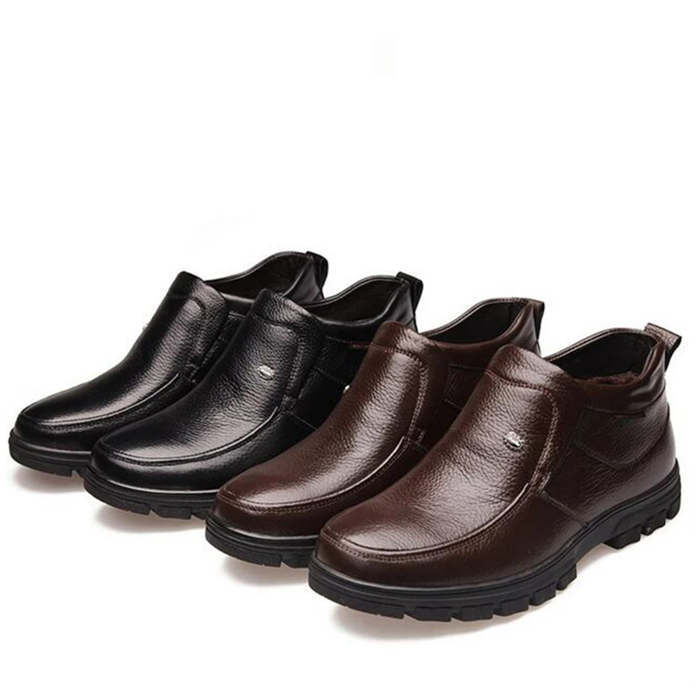 QFFAZ New Winter High Quality Genuine Leather Men Shoes warm Boots Casual Brand Man Soft Comfortable Fur Snow shoes | Обувь