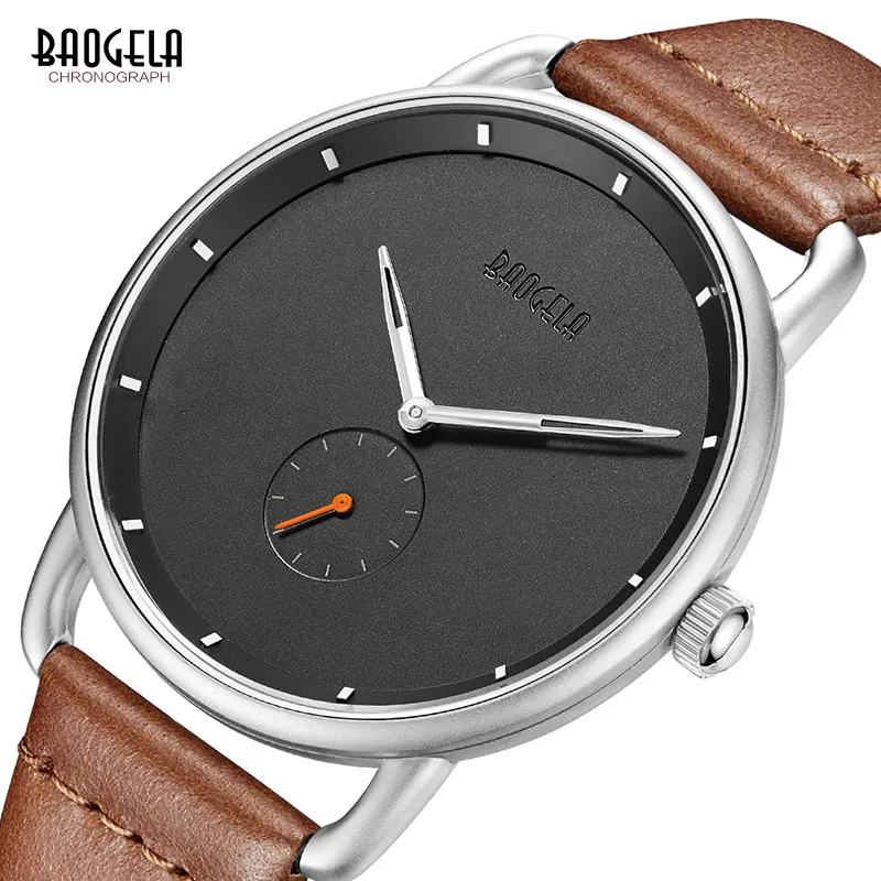 BAOGELA Men's Premium Simple Quartz Watches Casual Leather Strap Minimalism Waterproof Wristwatch for Man 1806Dark Brown | Наручные