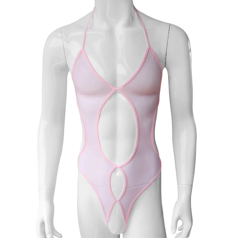 Розовый Crothless See Throgh Гей сексуальное боди высокие эластичные Для мужчин одежда для сна и открытыми плечами облегающее сексуальное гей мужского белья Wetlook Эротическое нижнее белье - Цвет: Розовый