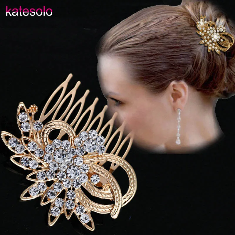 

2023 New Shiny Crystal Wedding Bridal Hair Comb Pin Gold Silver Color Flower Hair Accessories