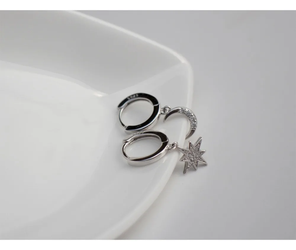Серьги из стерлингового серебра 925 пробы, модные серьги с цирконием, звездами и луной, серьги-капли, кольцо для ушей, милое, дикое, темпераментное, для девушек, серебряные серьги, ювелирное изделие