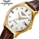 Часы наручные GUANQIN Мужские кварцевые, оригинальные золотистые водонепроницаемые ударопрочные, с кожаным ремешком, календарем, с кожаным ремешком, 30 м