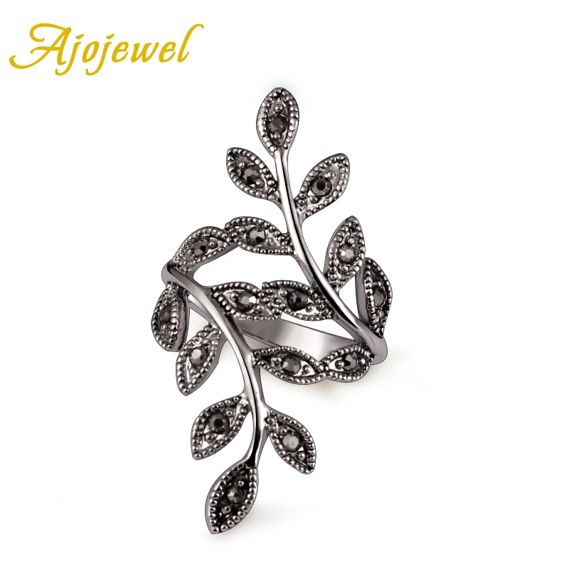 Ajojewel, размер 6-9, черные стразы, античный лист, кольцо для женщин,, винтажные женские ювелирные изделия
