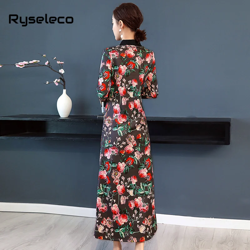Women Vintage Turtleneck Floral Prints Long Sleeve Casual Basic Plus size Dress Loose Winter Fleece Inner Oversize Dresses | Женская