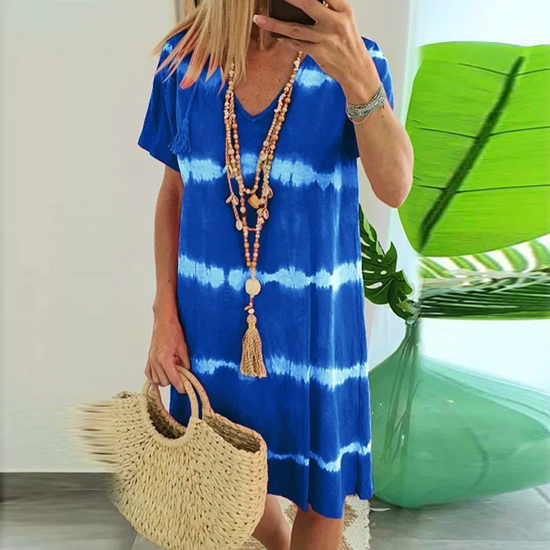ELSVIOS 5XL женское летнее пляжное платье с принтом Свободное v образным вырезом и