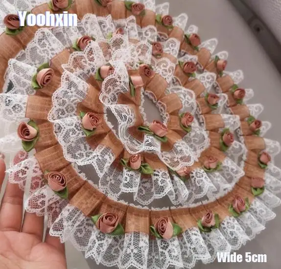 

5CM Wide Modern Embroidery brown 3D rose flower lace fabric trim ribbon DIY sewing applique collar tassel dubai wedding decor
