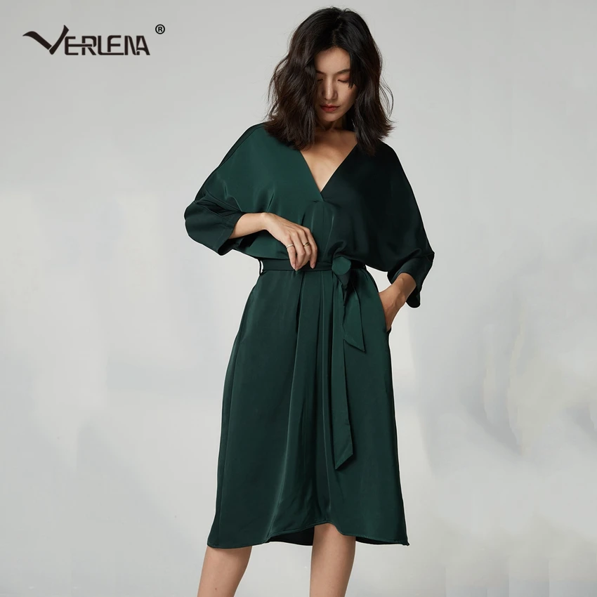 Женское свободное платье с поясом Verlena однотонное винтажное до середины икры v
