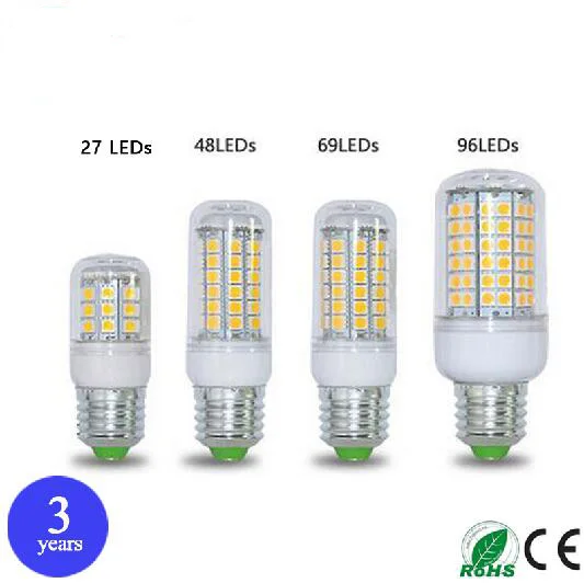 50 шт. E27 E14 220 В светодиодные лампы 27 48 69 96 светодиодов 5 Вт 8 15 25 SMD5050 кукурузная