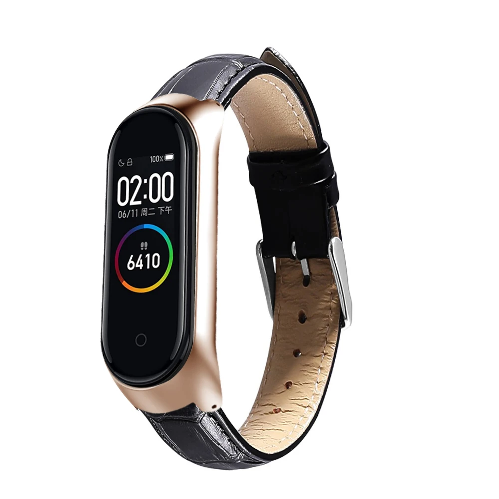 Кожаный браслет для xiaomi mi Band 3 4 для xiaomi mi Band 4 Ремешок Браслет mi band 4 браслеты Pulseira для xiaomi mi band 3 4 - Цвет: Black-Rosegold