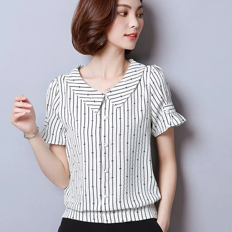 

Women Spring Summer Style Chiffon Blouses Shirts Lady Casual Short Sleeve Peter pan Collar Striped Bluasa Tops DF2403