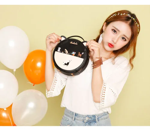 Cute Embroidery Cat Messenger Bag Women Small Circular Ears Crossbody Bags Teenage Girls Chain Shoulder Bag Mini Handbag XA25B