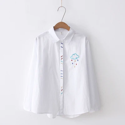 JKKUCOCO Newest Women Shirt Embroidery Thunderstorm Cotton blouses Blouse shirt Long Sleeve Casual Striped Shirts S-XL |