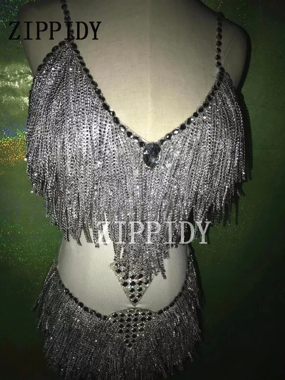 Sexy Silver Rhinestones Tassel Bodysuit Costume Stage Show Leotard Celebrate Performance Outfit Crystals Stones Wear