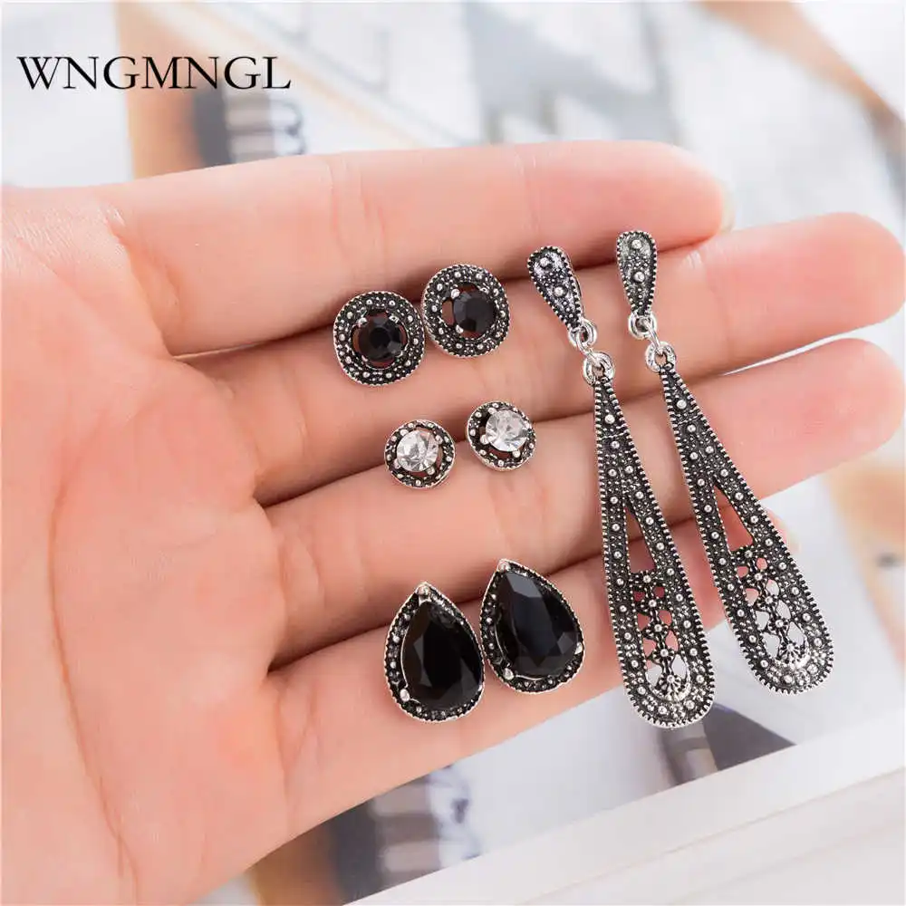 

WNGMNGL 4 Pairs/Set Vintage Stud Earrings Simple Antique Silver Color Geometric Earrings Set For Women Charm Fsahion Ear Jewelry
