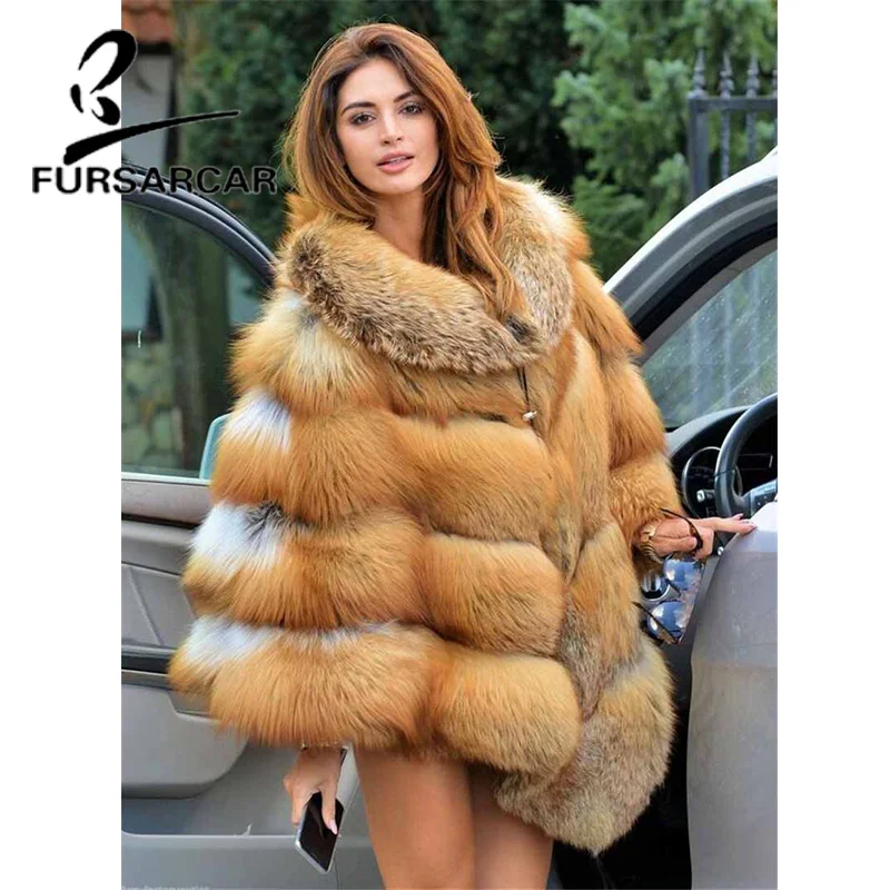 FURSARCAR 2021 New Luxury Real Gold Fox Fur Shawls Winter Thick Warm Women Coats With Fur Collar Fashion Fur Cape For  Female