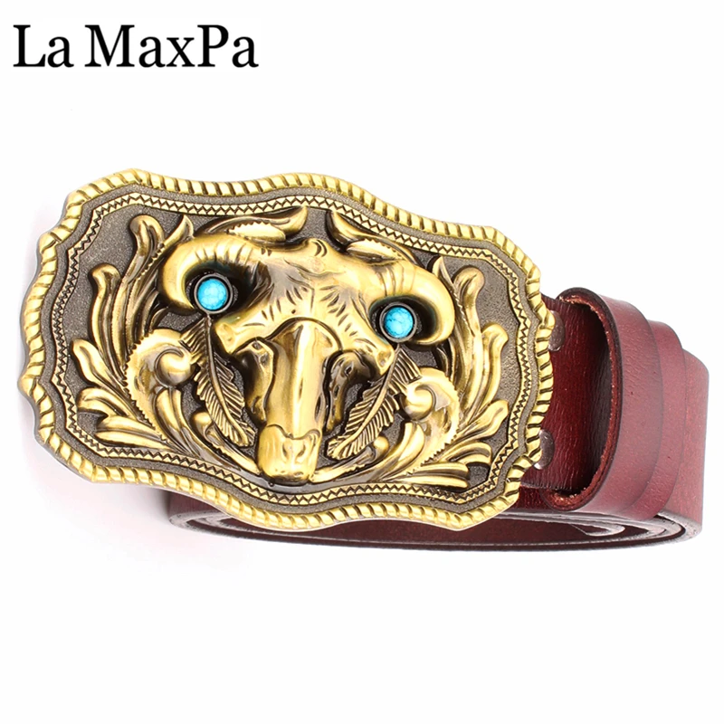 

Men's cowboy belt bull buckle cowskin leather belt golden skull bull head cow pattern metal buckle taurens belt for men