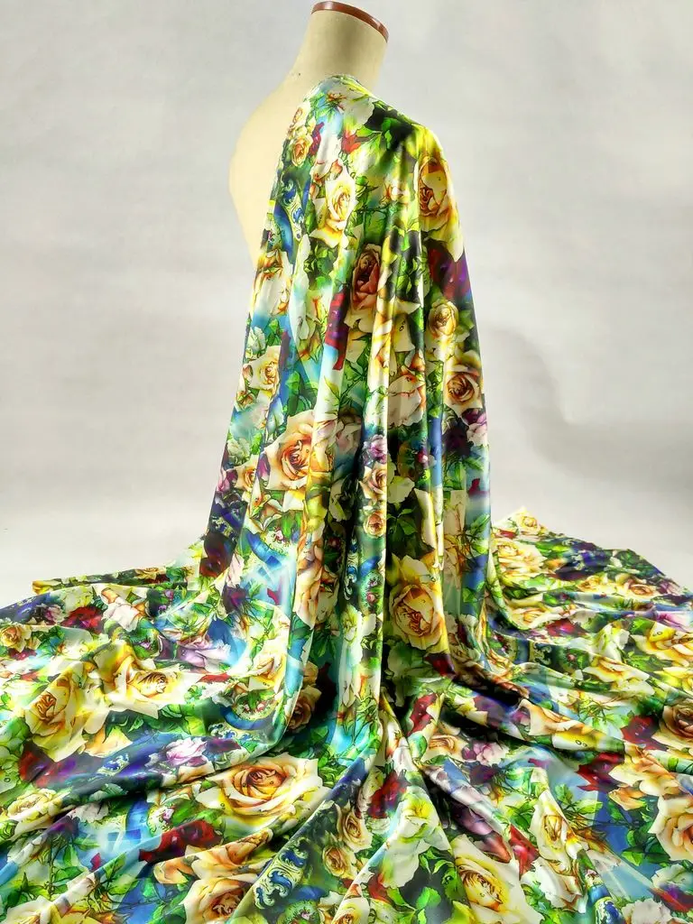 Желтая роза цветы шелковая ткань с принтом бренд стрейч атласа 97% шелк тутового