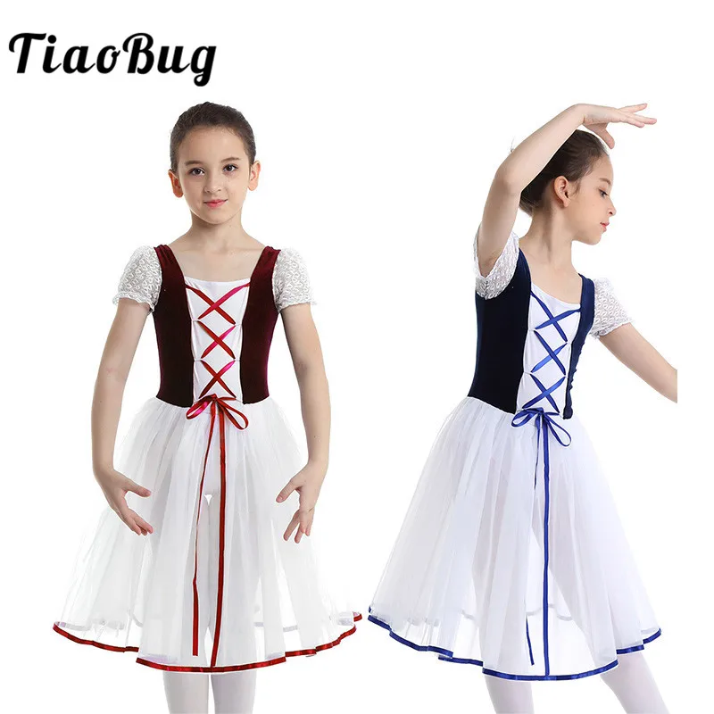 Детское бальное трико TiaoBug для девочек с кружевными рукавами Бальное сценическое