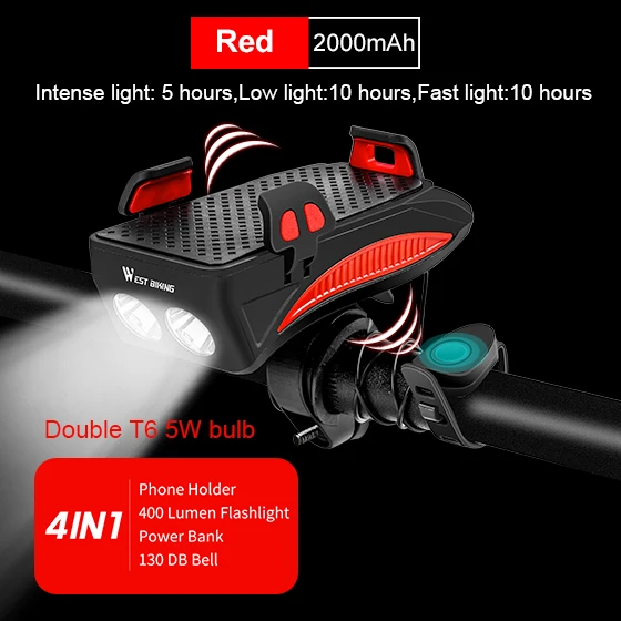 2000 mAh Red WEST BIKING держатель для телефона на велосипед, светильник-рожок, перезаряжаемый светильник-вспышка, внешний аккумулятор, держатель для телефона для iPhone, держатель для сотового телефона - Color: 2000 mAh Red