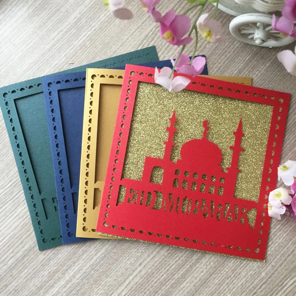 

100pcs/lot Pearl Paper Castle Pattern Eid Mubarak Invitation Card Greeting Blessing Card Festival Party Decorations