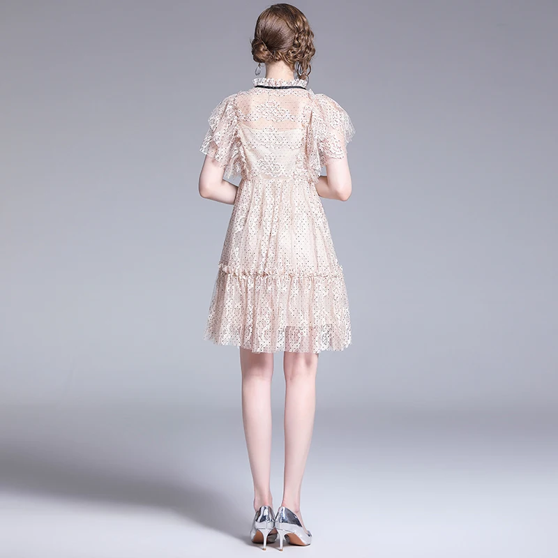 Возможно короткое Кружевное мини-платье в горошек со шнуровкой бантом и стоячим