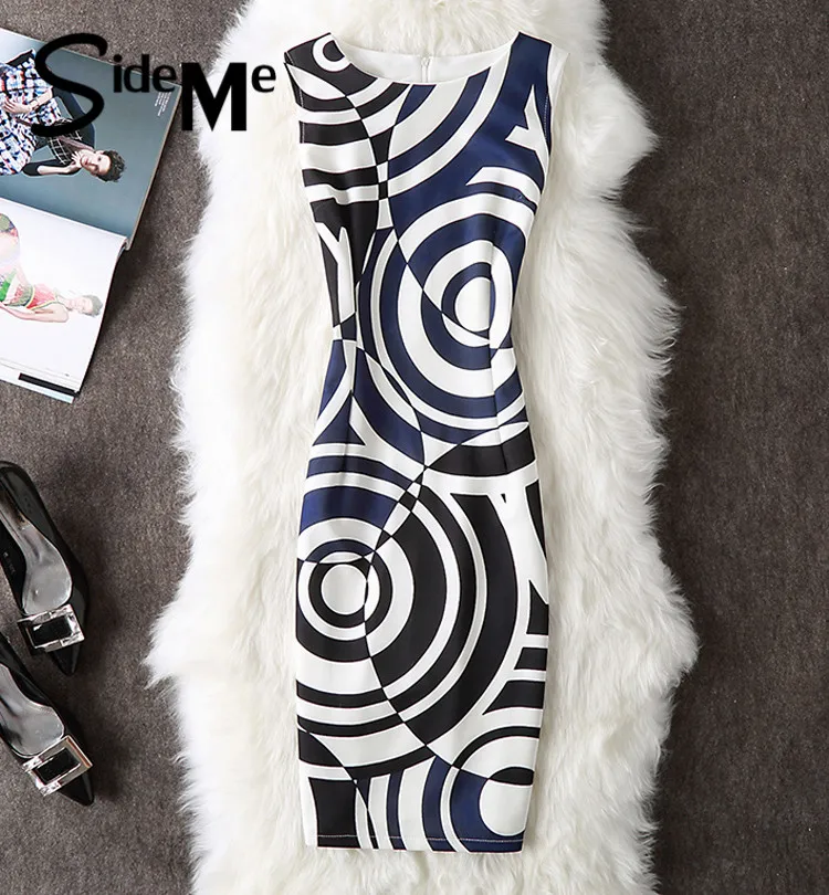 Новый 2017 год сбора винограда способа женщин dress лето рукавов bodycon круглый печати