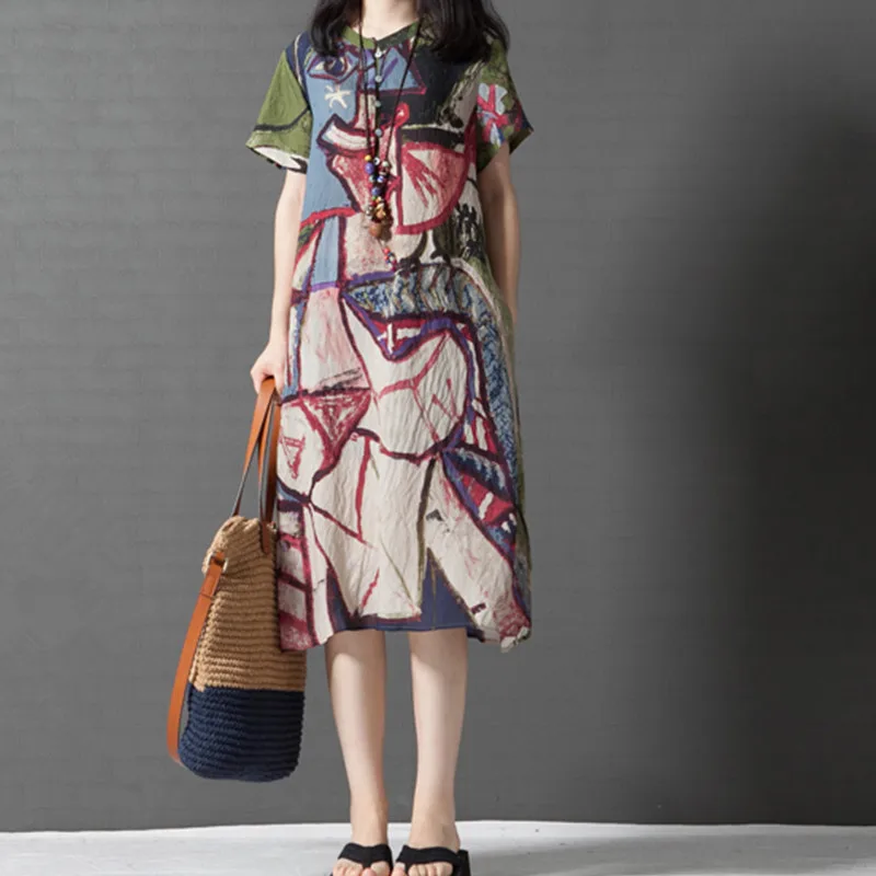 Женское платье большого размера комфортное с принтом и коротким рукавом из