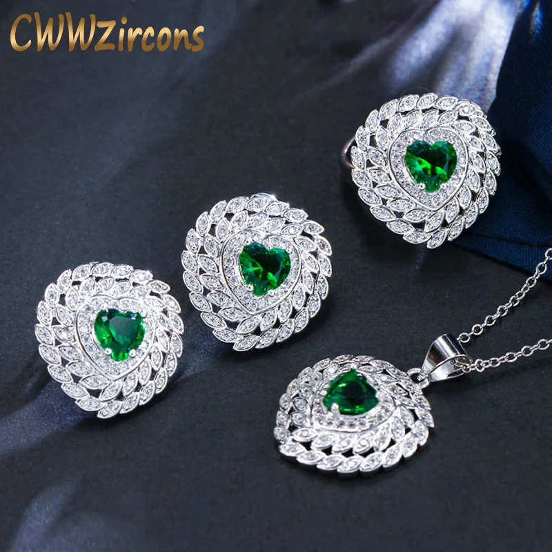 CWWZircons супер высокое качество сердце ожерелье серьги CZ Зеленый хрустальный