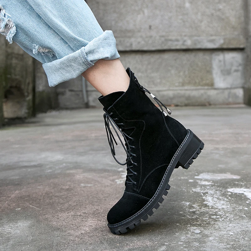 

WETKISS Thick Heels Women Army Boots Cross Tied Round Toe Footwear Motorcycle Female Boot Platform Cow Suede Shoes Woman Winter