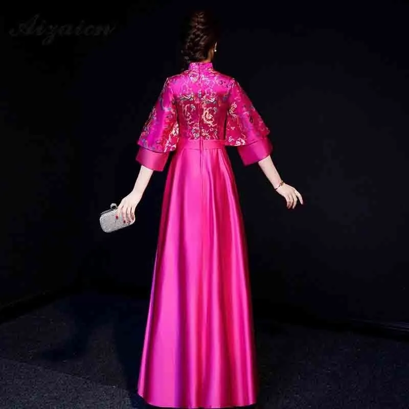 Женское традиционное китайское свадебное платье Qipao Длинное Красное Атласное