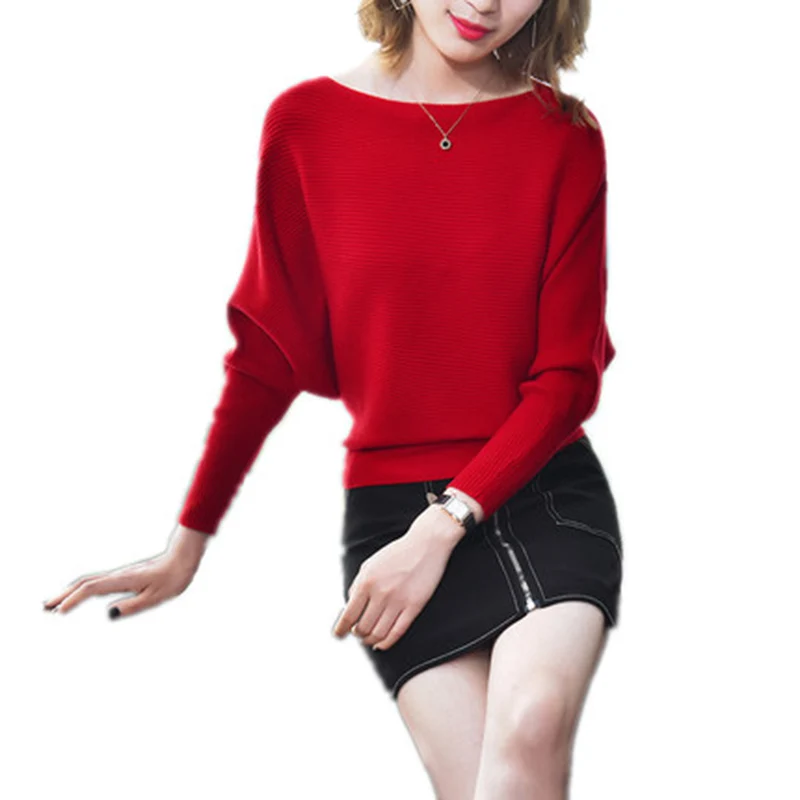 

Женский трикотажный пуловер, эластичный вязаный свитер с длинным рукавом летучая мышь, с одним вырезом, зима 2019