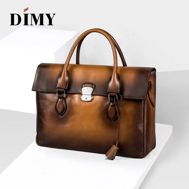 DIMY Italian Trento Calfskin Leather Briefcases Mens Hand Patina Handbag Vintage Shoulder Bags For Laptop Patch-work Bag D-9041