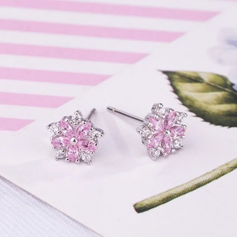 Популярные модные розовые и белые серьги гвоздики с кристаллами циркония