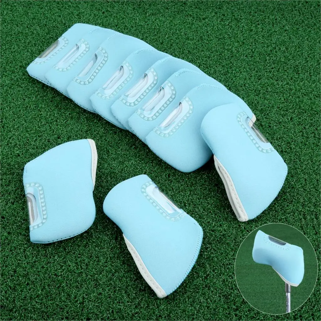 Light Blue 10 шт./компл. неопреновый чехол для головки клюшки для гольфа чехлы с прозрачной Пластик смотровым окошком для металлическая головка Защитные чехлы для головки 9-Цвета - Цвет: Light Blue